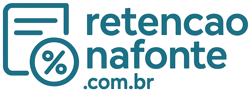 Logotipo com design estilizado em azul, composto por um ícone de documento à esquerda com duas linhas horizontais e um símbolo de porcentagem dentro de um círculo, sugerindo temática tributária ou financeira. À direita, o texto “retencao nafonte .com.br” aparece em letras minúsculas e fonte sem serifa, transmitindo clareza e profissionalismo. Todo o conteúdo está contido dentro de uma borda retangular com cantos arredondados, reforçando a identidade visual do site voltado à retenção de impostos na fonte no contexto brasileiro.