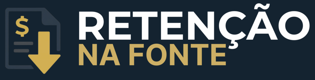 Logotipo com ícone de documento e seta dourada à esquerda e texto “RETENÇÃO NA FONTE” à direita, em branco e dourado.