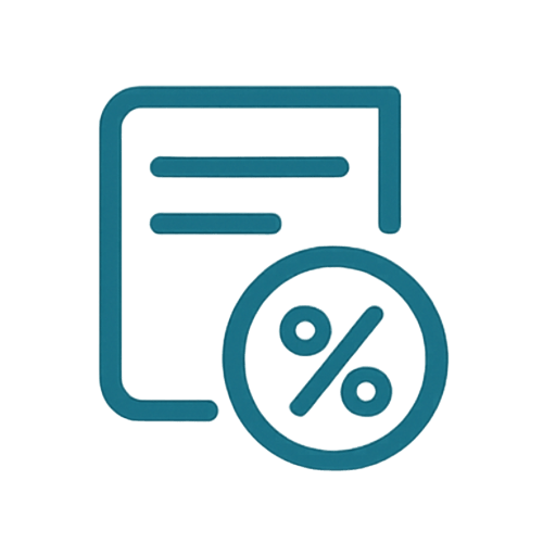 Ícone estilizado composto por um documento retangular com duas linhas horizontais, representando texto, acompanhado por um símbolo de porcentagem posicionado à frente. O design sugere temas relacionados a finanças, contabilidade, tributação ou análise de dados numéricos. A imagem transmite clareza visual e é comumente utilizada em contextos que envolvem retenções fiscais, cálculos percentuais ou relatórios financeiros.