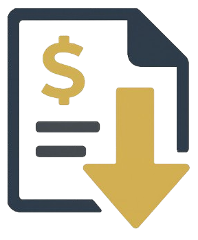 Ícone vetorial com fundo transparente de um documento branco com cifrão dourado, linhas cinza e seta dourada apontando para baixo.