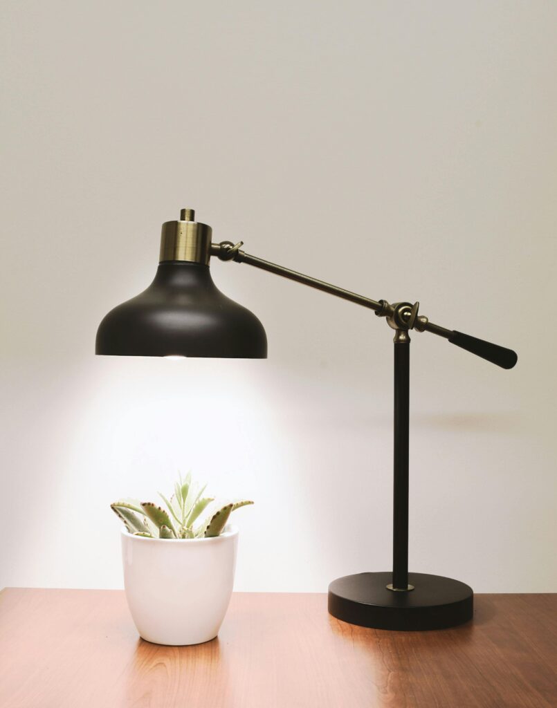 Luminária de mesa preta acesa iluminando um pequeno vaso branco com planta suculenta, sobre uma mesa de madeira, em ambiente interno de escritório.