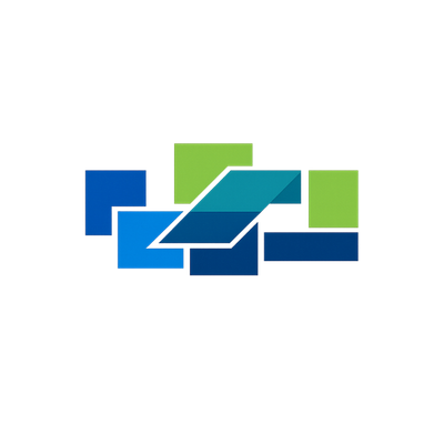 Logotipo moderno com formas geométricas em azul e verde representando retenção na fonte tributária