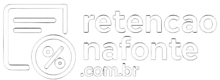 Logotipo do site retencaonafonte.com.br, em branco sobre fundo transparente, com ícone de documento e símbolo de porcentagem ao lado do nome do site.