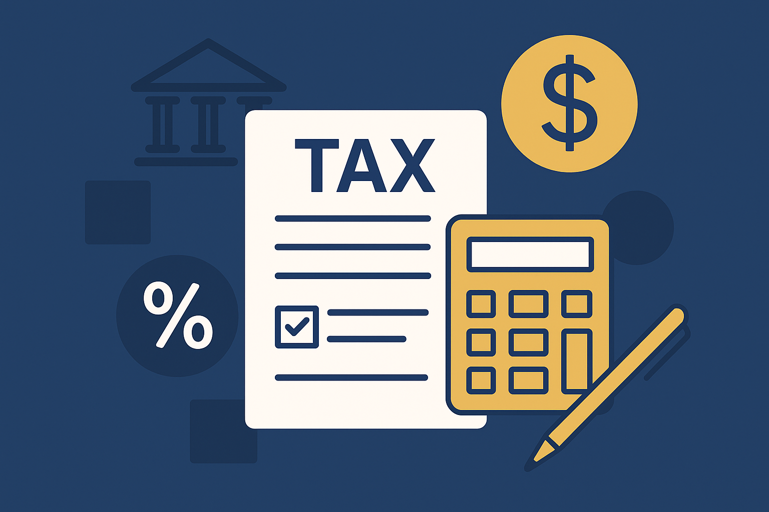 Imagem ilustrativa com fundo azul escuro, mostrando elementos relacionados à tributação. Ao centro, um documento branco com a palavra "TAX" em destaque, linhas de texto e um checkbox marcado. À direita, há uma calculadora amarela e branca e uma caneta amarela. Ícones adicionais incluem um símbolo de porcentagem (%), cifrão ($) e um prédio estilizado representando uma instituição governamental. A composição transmite temas de impostos, cálculos financeiros e obrigações fiscais.