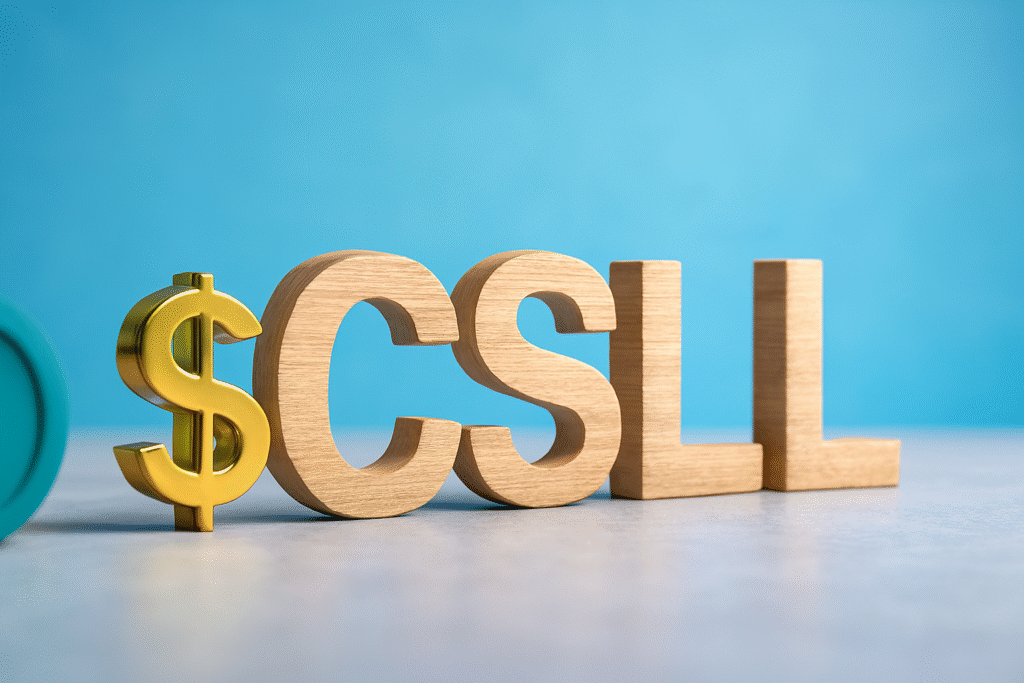 Imagem 3D com fundo azul em tom gradiente, exibindo as letras “CSLL” em madeira clara sobre superfície cinza texturizada. À esquerda, um símbolo de cifrão dourado representa o aspecto tributário da Contribuição Social sobre o Lucro Líquido. A composição transmite o conceito de tributação corporativa, com foco em finanças empresariais e obrigações fiscais.
