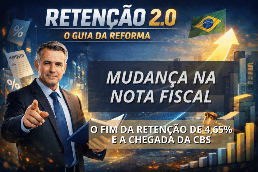 Imagem ilustrativa sobre a reforma tributária, com o título “Retenção 2.0 – O Guia da Reforma”. Inclui elementos visuais ligados à tributação, como documentos fiscais, símbolos de porcentagem, gráfico ascendente e bandeira do Brasil. Destaque para os textos: “Mudança na Nota Fiscal” e “O fim da retenção de 4,65% e a chegada da CBS”.