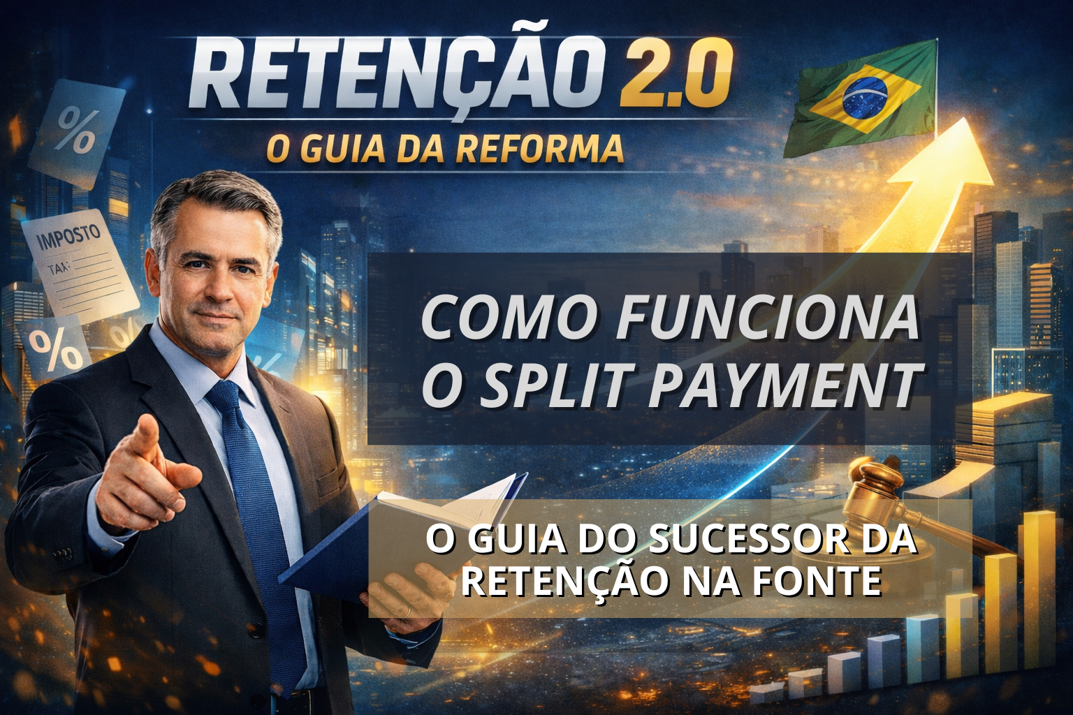 Ilustração com o título “Retenção 2.0 – O Guia da Reforma”. Um homem de terno segura um livro e aponta para a frente, com uma cidade iluminada ao fundo. No centro aparece o texto “Como funciona o Split Payment” e, abaixo, “O guia do sucessor da retenção na fonte”. Ao redor há símbolos de porcentagem, documentos fiscais, um gráfico de barras crescente, um martelo de juiz e uma seta amarela apontando para a bandeira do Brasil.