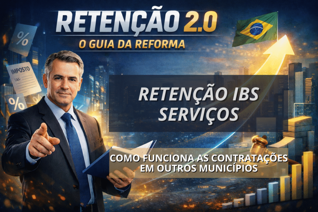 Banner promocional com um homem de terno apontando para a câmera, ao lado de elementos gráficos relacionados a impostos, como símbolos de porcentagem e documentos. Ao fundo, aparece uma cidade iluminada. No topo, o texto ‘Retenção 2.0 – O Guia da Reforma’. No centro, o texto ‘Retenção IBS Serviços’. Na parte inferior, o texto ‘Como funcionam as contratações em outros municípios’. Uma seta amarela ascendente e uma bandeira do Brasil completam a composição.