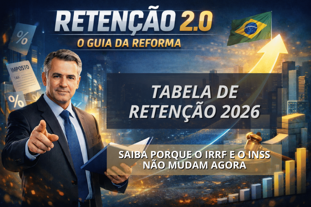 Banner informativo com um homem de terno segurando um livro e apontando para a frente, com ícones de impostos ao lado e uma cidade iluminada ao fundo. No topo aparece o texto ‘Retenção 2.0 – O Guia da Reforma’. Ao centro, em um painel escuro, lê-se ‘Tabela de Retenção 2026’. Abaixo, um retângulo destaca o texto ‘Saiba por que o IRRF e o INSS não mudam agora’. Uma seta amarela ascendente e a bandeira do Brasil aparecem no canto superior direito, junto a elementos gráficos financeiros.