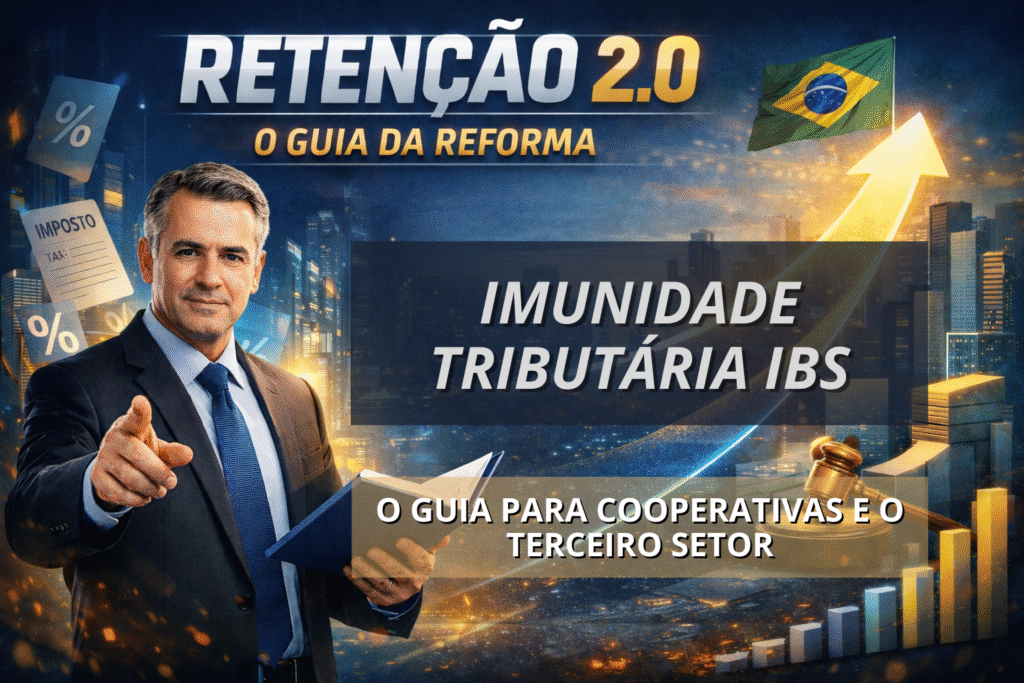 Banner publicitário com um homem de terno segurando um livro e apontando para a frente. Ao fundo há prédios iluminados, ícones relacionados a impostos e uma seta ascendente com a bandeira do Brasil. O texto do banner diz: ‘Retenção 2.0 – O Guia da Reforma’, ‘Imunidade Tributária IBS’ e ‘O guia para cooperativas e o terceiro setor’.