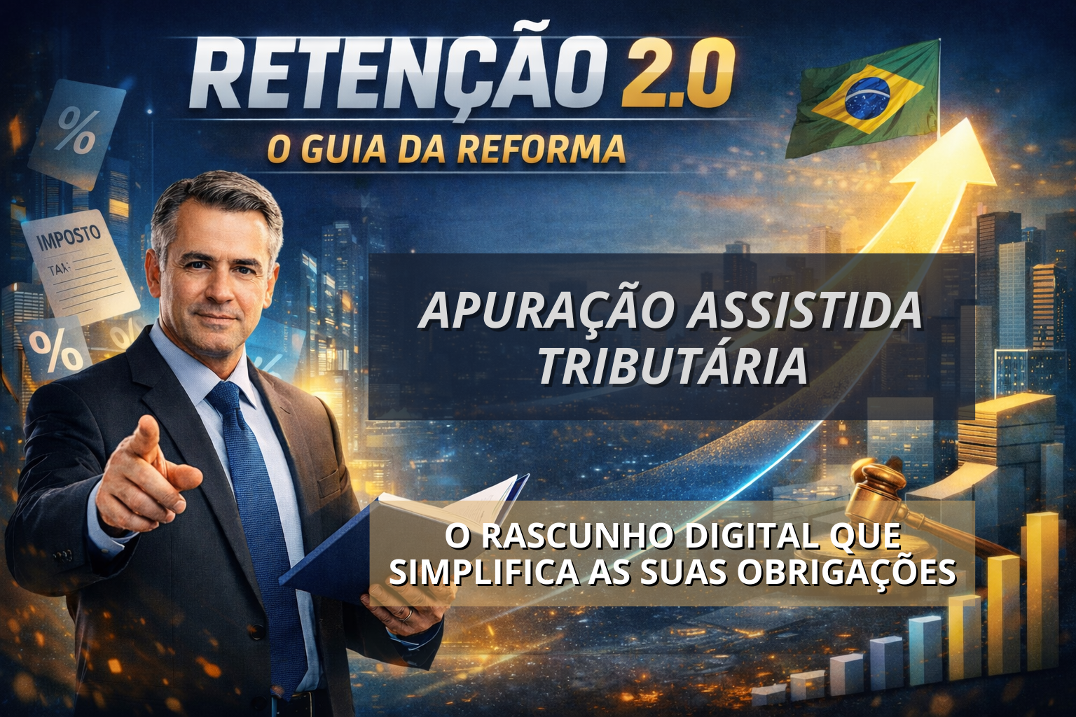 “Banner informativo com um homem de terno segurando um livro e apontando para a frente. Ao fundo, uma cidade iluminada, ícones relacionados a impostos e uma seta ascendente que leva à bandeira do Brasil. Os textos do banner dizem: ‘Retenção 2.0 – O Guia da Reforma’, ‘Apuração Assistida Tributária’ e ‘O rascunho digital que simplifica as suas obrigações’.
