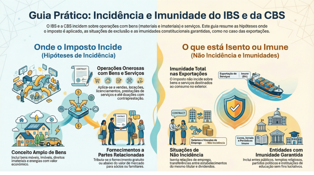 Resumo da Reforma do IBS e CBS em infográfico explicando as principais mudanças tributárias, incluindo regras gerais, imunidades e funcionamento do novo sistema.