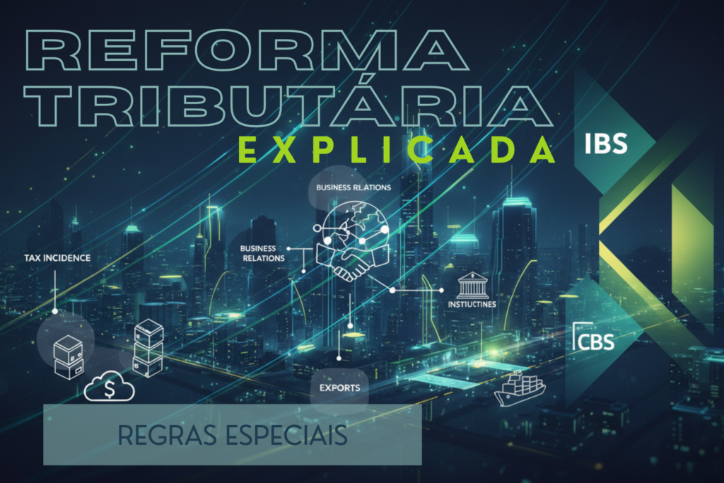 Imagem futurista com cidade iluminada ao fundo e linhas de luz em verde e azul. No topo aparece o texto ‘Reforma Tributária Explicada’. Ícones brancos representam temas da reforma: incidência tributária (caixas e nuvem com cifrão), relações empresariais (aperto de mãos conectado por redes), instituições (templo) e exportações (navio cargueiro). À direita, elementos gráficos destacam as siglas IBS e CBS. Na parte inferior, há um retângulo com o texto ‘Regras Especiais’.