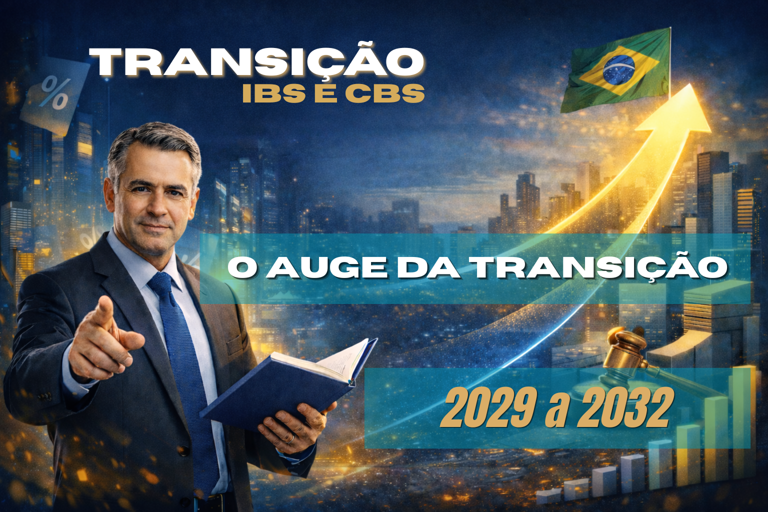 Ilustração sobre a transição para o IBS e CBS, mostrando um homem de terno segurando um livro e apontando para frente diante de uma cidade moderna iluminada. Uma seta ascendente aponta para a bandeira do Brasil, com gráfico de crescimento e martelo de juiz ao lado. Texto na imagem: “Transição IBS e CBS – O auge da transição – 2029 a 2032”.