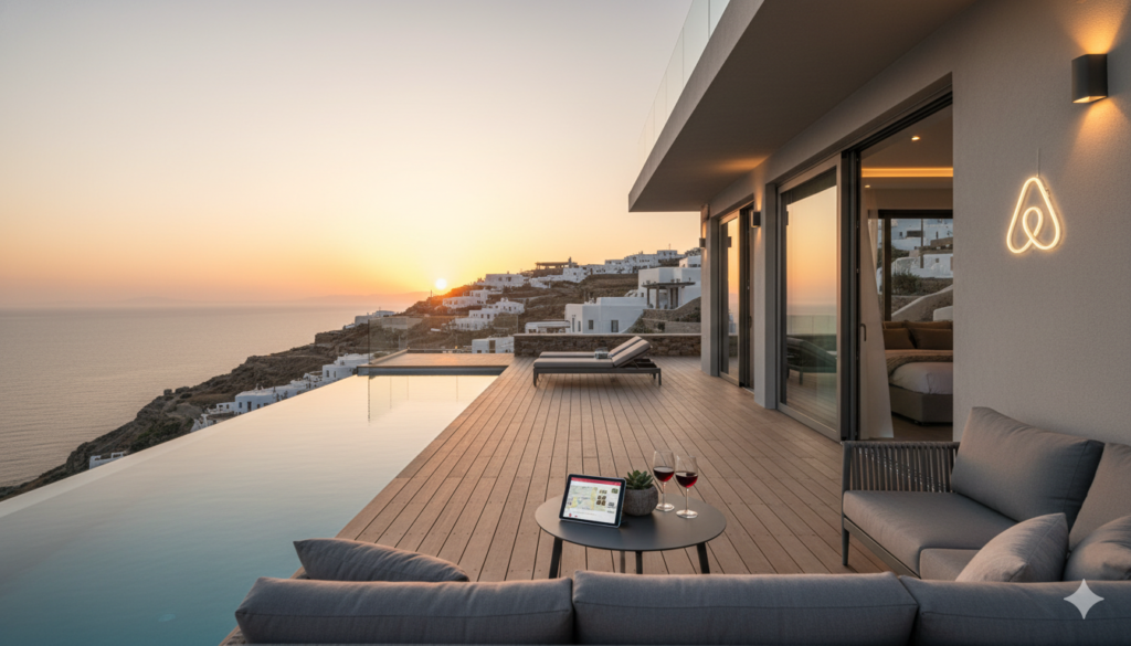 Imagem de locação de bens imóveis estilo Airbnb, com casa moderna de luxo, piscina com vista para o mar ao pôr do sol, varanda mobiliada e ambiente sofisticado para aluguel por temporada.