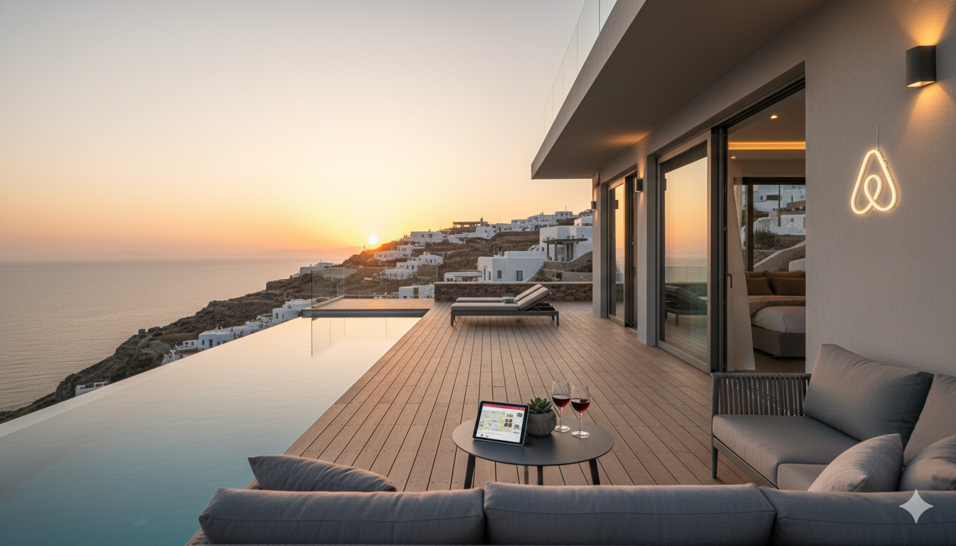 Imagem de locação de bens imóveis estilo Airbnb, com casa moderna de luxo, piscina com vista para o mar ao pôr do sol, varanda mobiliada e ambiente sofisticado para aluguel por temporada.