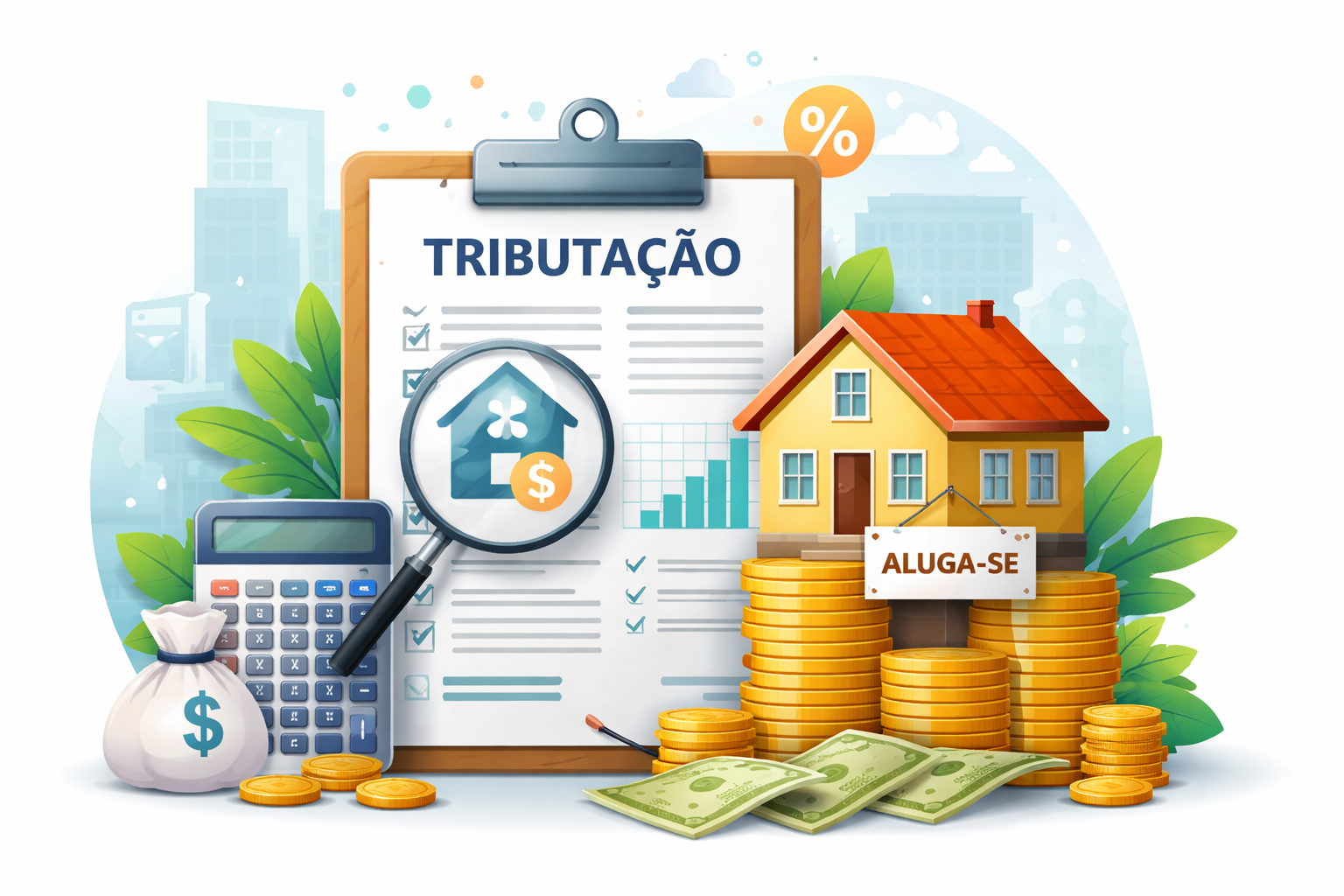 Ilustração sobre locação de bens imóveis com casa para alugar, moedas, calculadora e documento de tributação, simbolizando impostos sobre aluguel.